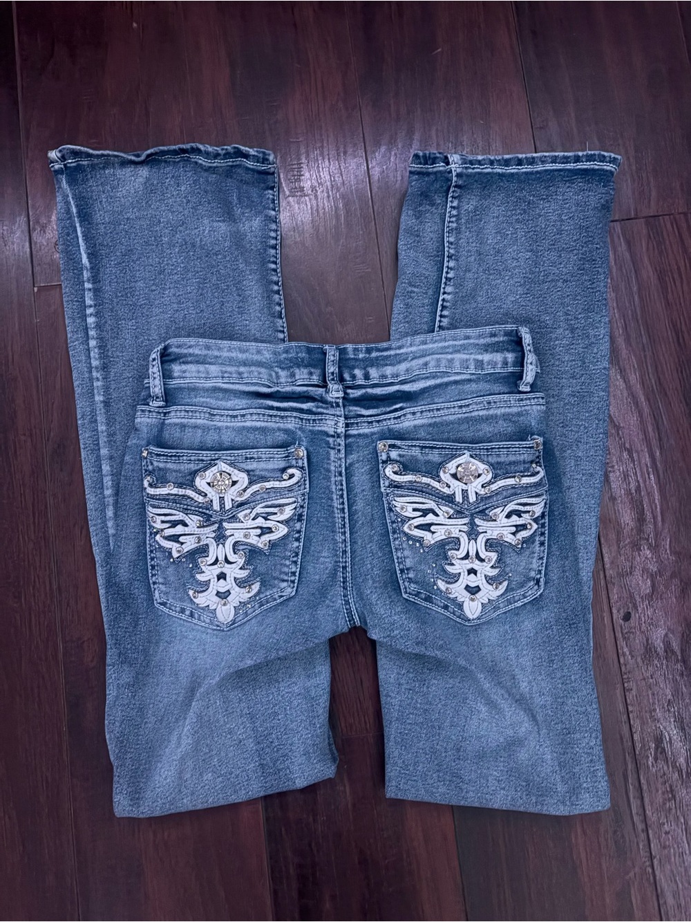 Miss Me Embroidered Back Pocket Flare Jeans in Light Blue